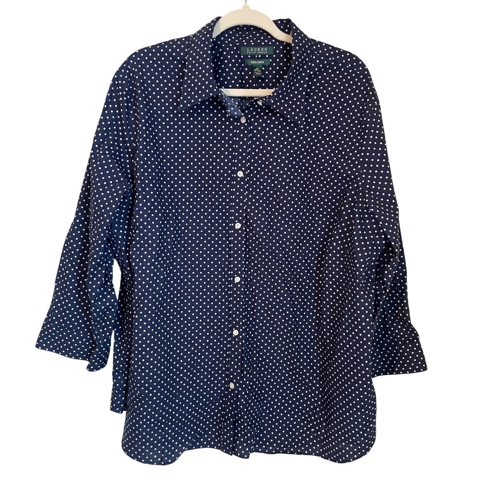 Lauren Ralph Lauren 2X Navy Blue Polka Dot Non-Iron Button Shirt 3/4 Sleeve